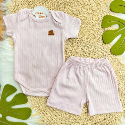 Conj. Body Manga Curta e Short Canelado - Rosa Claro